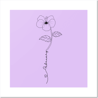 Minimalist Boho Line Art Drawing Violet Febuary Birth Flower Posters and Art